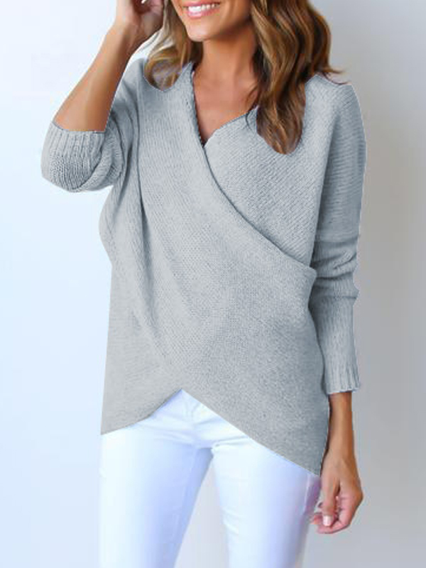 Euramerican V Neck Long Sleeves Asymmetrical Grey Cotton Sweaters