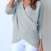 Euramerican V Neck Long Sleeves Asymmetrical Grey Cotton Sweaters