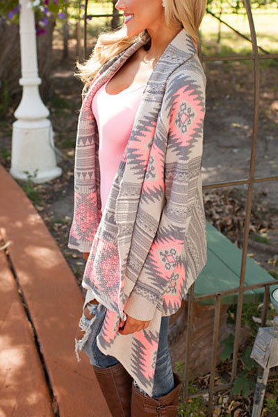 Fashion Print Long Sleeves Cotton Blends Long Cardigan