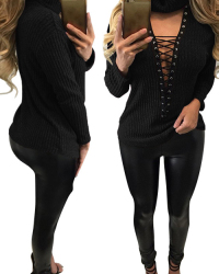 Sexy Deep V Neck Hollow-out Black Knitting Sweaters