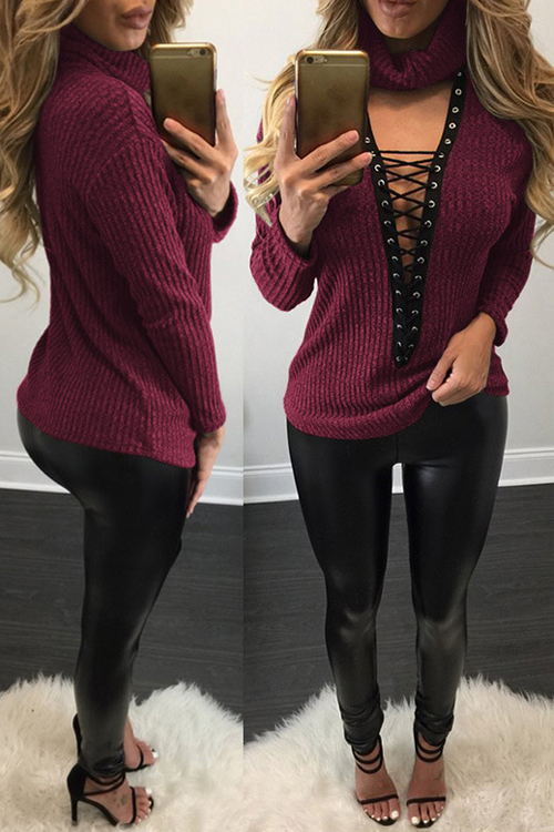 Sexy Deep V Neck Hollow-out Wine Red Knitting Sweaters