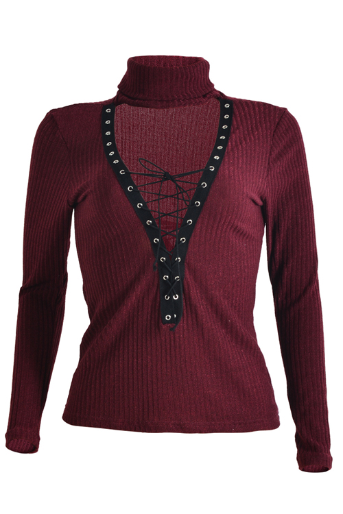 Sexy Deep V Neck Hollow-out Wine Red Knitting Sweaters