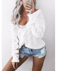 Stylish V Neck Long Sleeves White Cotton Blends Pullovers