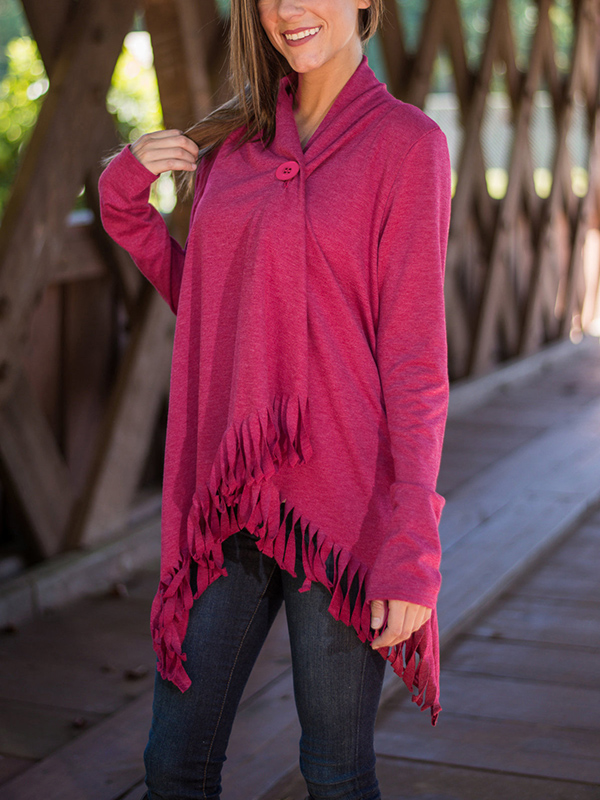 Trendy Turndown Collar Long Sleeves Asymmetrical Rose Red Cotton Cardigans