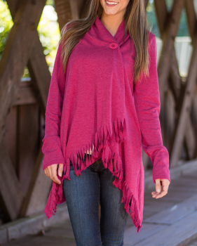 Trendy Turndown Collar Long Sleeves Asymmetrical Rose Red Cotton Cardigans