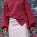  Fashion Round Neck Lantern Sleeves Lace-up Wine Red Blending T-shirt