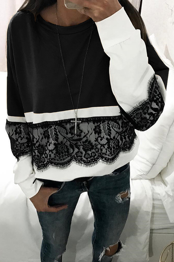  Fashionable Round Neck Lace Patchwork Black Polyester T-shirt