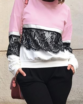  Fashionable Round Neck Lace Patchwork Pink Polyester T-shirt