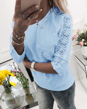  Leisure Round Neck Lace Patchwork Blue Cotton Blends T-shirt