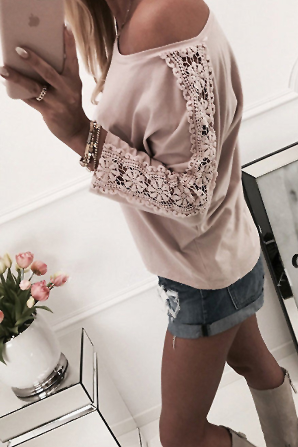  Leisure Round Neck Lace Patchwork Pink Cotton Blends T-shirt