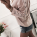  Leisure Round Neck Lace Patchwork Pink Cotton Blends T-shirt