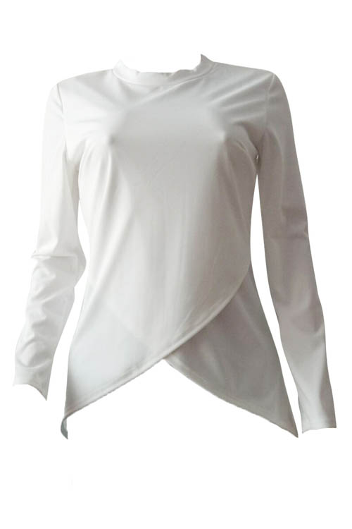  Leisure Round Neck Long Sleeves Asymmetrical White Polyester T-shirt