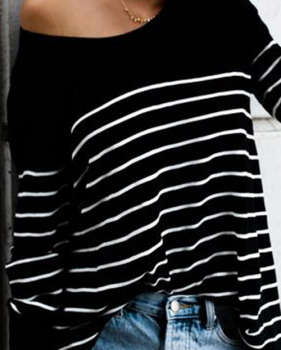  Leisure Round Neck Striped Black Blending T-shirt