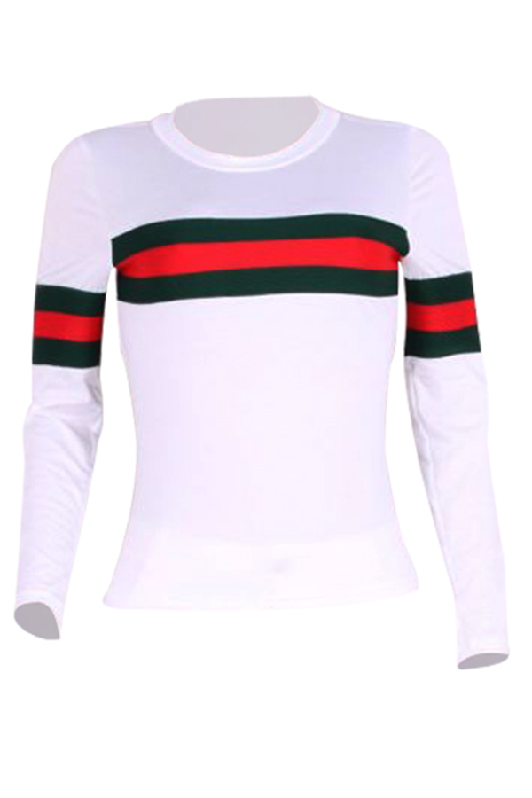  Leisure Round Neck Striped Patchwork White Cotton T-shirt