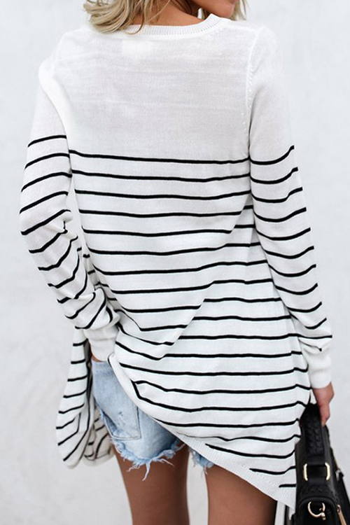  Leisure Round Neck Striped White Blending T-shirt