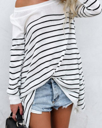  Leisure Round Neck Striped White Blending T-shirt