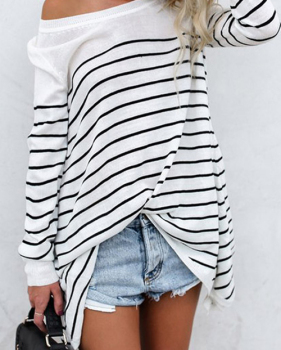  Leisure Round Neck Striped White Blending T-shirt