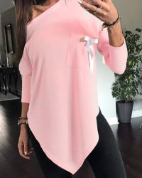  Sexy Skew Collar Irregular Hems Pink Polyester T-shirt