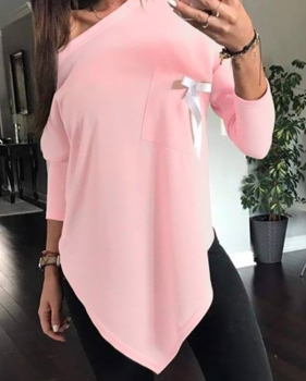  Sexy Skew Collar Irregular Hems Pink Polyester T-shirt