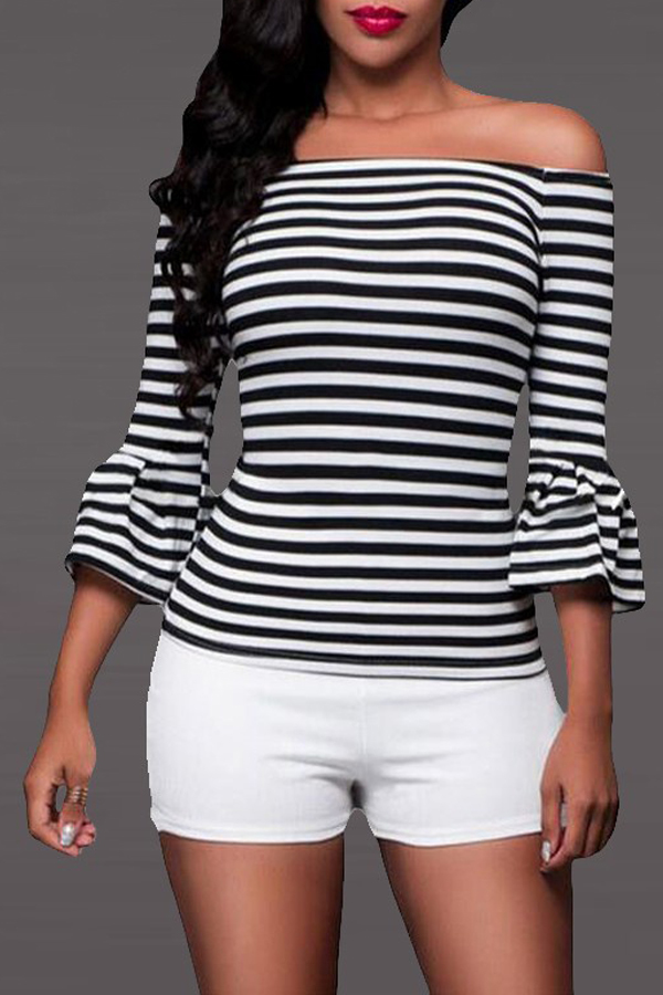  Trendy Bateau Neck Striped White Polyester T-shirt