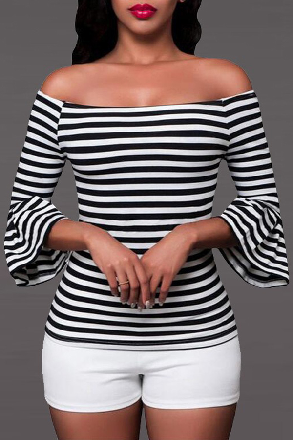  Trendy Bateau Neck Striped White Polyester T-shirt