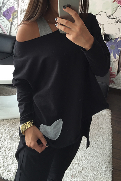 Fashion O Neck Long Sleeves Heart Shape Patchwork Black Cotton Blend T-shirt