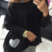 Fashion O Neck Long Sleeves Heart Shape Patchwork Black Cotton Blend T-shirt