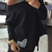 Fashion O Neck Long Sleeves Heart Shape Patchwork Black Cotton Blend T-shirt