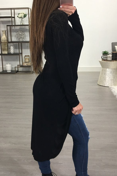 Leisure Round Neck Long Sleeves Asymmetrical Black Blending T-shirt