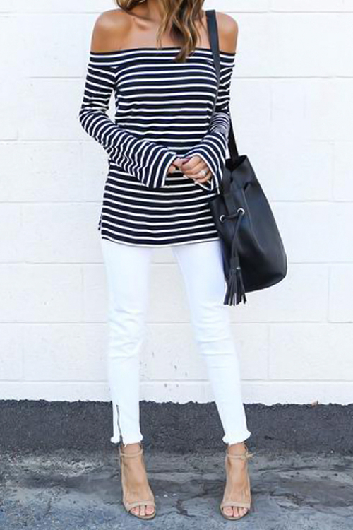 Seeking Off The Shoulder Striped T-shirt