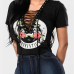 Sexy Deep V Neck Short Sleeves Printed Black Polyester T-shirt