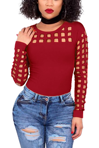 Sexy Round Neck Long Sleeves Hollow-out Red Blending T-shirt