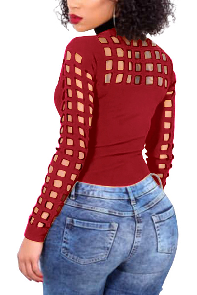 Sexy Round Neck Long Sleeves Hollow-out Red Blending T-shirt