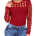 Sexy Round Neck Long Sleeves Hollow-out Red Blending T-shirt