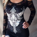 Stylish U-shaped Neck Long Sleeves Lace Patchwork Black T-shirt