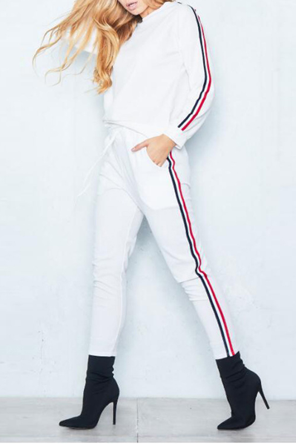  Casual Round Neck Striped White Cotton Two-piece Pants Set