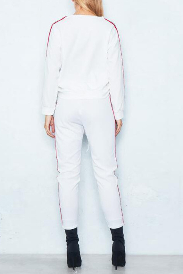  Casual Round Neck Striped White Cotton Two-piece Pants Set