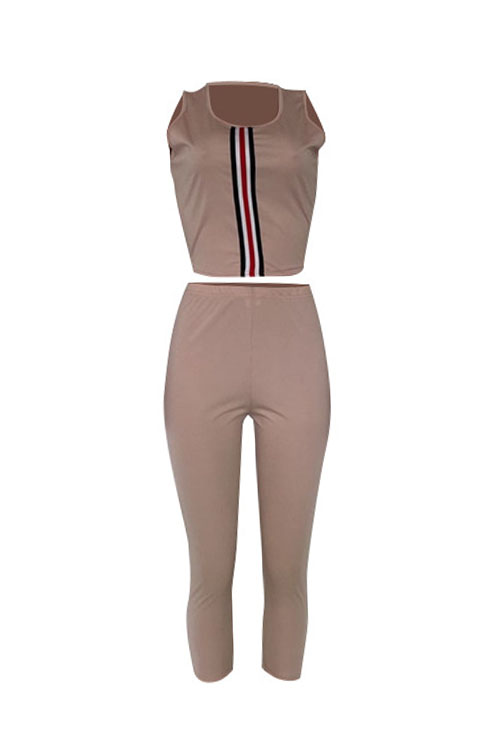  Casual U Neck Striped Light Brown Cotton Blends Two-Piece Pants Set