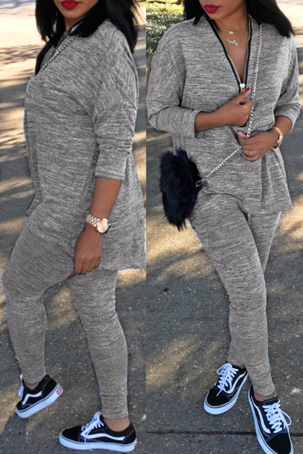  Casual V Neck Zipper Design Grey Polyester Two-piece Pants Set