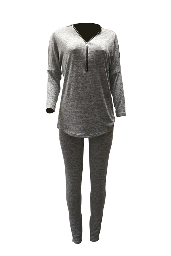  Casual V Neck Zipper Design Grey Polyester Two-piece Pants Set