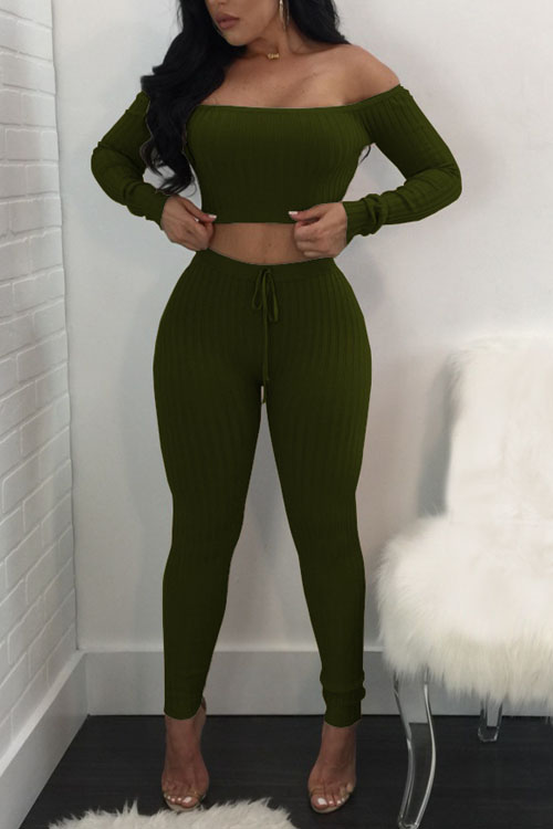  Euramerican Dew Shoulder Army Green Cotton Two-piece Pants Set