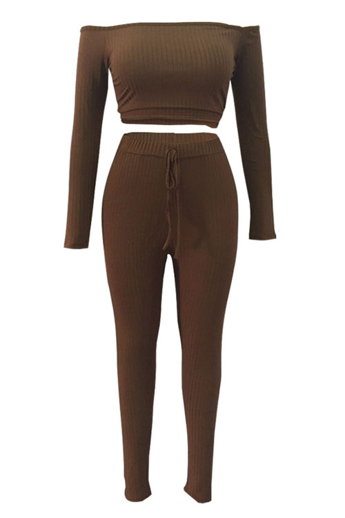  Euramerican Dew Shoulder Coffee Cotton Two-piece Pants Set