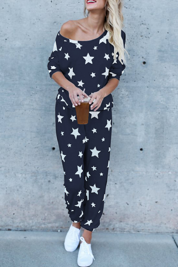  Euramerican Dew Shoulder Five-stars Printed Navy Blue Cotton Two-piece Pants Set