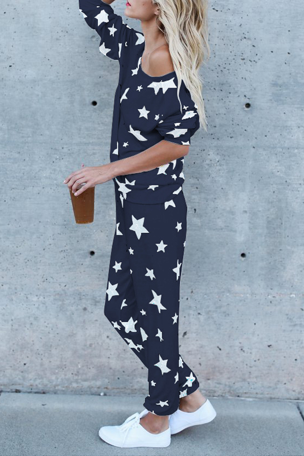  Euramerican Dew Shoulder Five-stars Printed Navy Blue Cotton Two-piece Pants Set