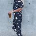  Euramerican Dew Shoulder Five-stars Printed Navy Blue Cotton Two-piece Pants Set