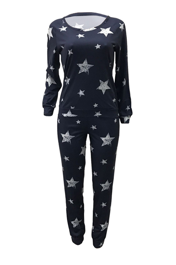  Euramerican Dew Shoulder Five-stars Printed Navy Blue Cotton Two-piece Pants Set