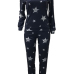  Euramerican Dew Shoulder Five-stars Printed Navy Blue Cotton Two-piece Pants Set