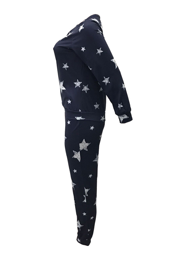  Euramerican Dew Shoulder Five-stars Printed Navy Blue Cotton Two-piece Pants Set