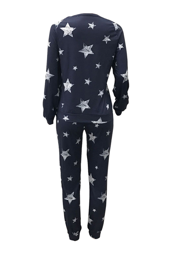  Euramerican Dew Shoulder Five-stars Printed Navy Blue Cotton Two-piece Pants Set