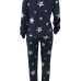  Euramerican Dew Shoulder Five-stars Printed Navy Blue Cotton Two-piece Pants Set